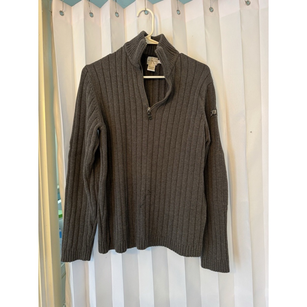 Calvin Klein Jeans Mens Medium 1/4 Zip Pullover Gray Sweater Cable Knit
